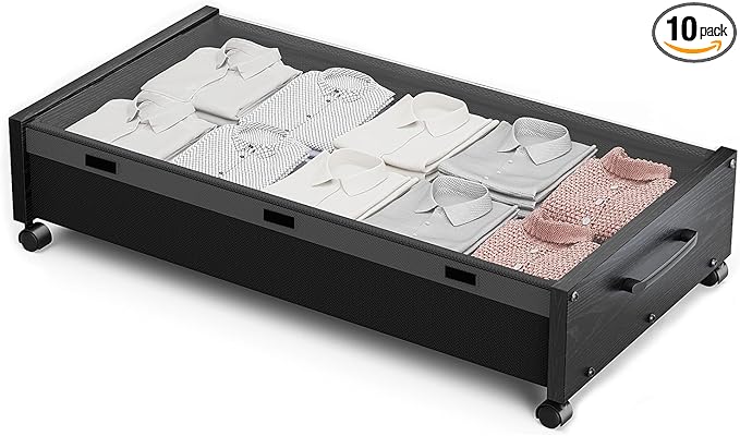 Wooden Under Bed Storage with Wheels, Rolling Under the Bed Storage Bins with Removable Lid, Metal Under Bed Drawers for Clothes and Shoes in Bedroom or Living Room(Black Wood-1pack)