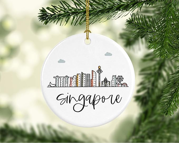 Andaz Press Round Ceramic Porcelain Christmas Tree Ornament Keepsake Gift, Singapore, Colorful International City Skyline Graphic, 1-Pack, Birthday Ideas Family Coworker Him Her, Gift Box