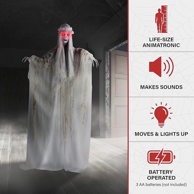 Haunted Hill Farm Life-Size Scary Ghost Bride, Halloween Animatronic with Touch Activated Lights and Sound, Battery Operated Indoor or Covered Outdoor Halloween Decorations, Creepy Halloween Prop