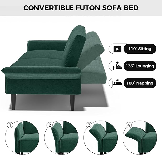 89” Futon Sofa Bed, Velvet Fabric Comfy Futon Couch Bed with 2 Square Pillows, Convertible Sleeper Sofa with Adjustable Backrest& Armrests, Modern Loveseat Sleeper for Living Room, Bedroom