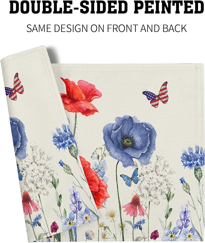 4th of July Placemats Set of 4 Red Blue Floral Patriotic Washable Non-Slip Heat Resistant Place Mats America Memorial Day Independence Day Table Mats 12x18 Inch
