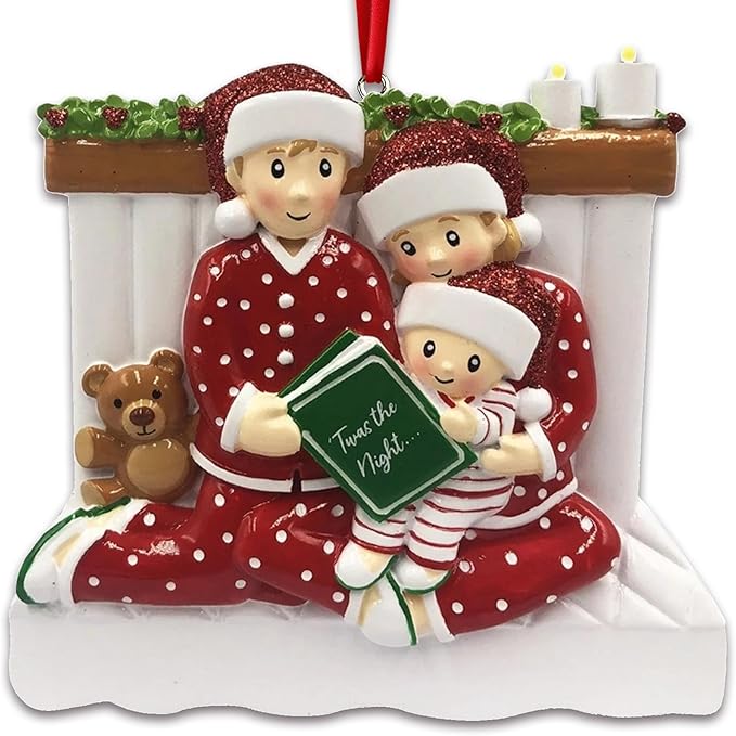 Fireplace Family of 3 Christmas Ornament 2025 Personalized Family Christmas Ornaments 2025 | Bedtime Reading w/Teddy Personalized Tree Ornaments Customizable Gifts Matching Pajamas of Three Ornament
