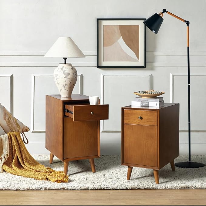 HULALA HOME End Table with Drawer Set of, Modern End Table with USB Ports and Outlets, Wooden Side Table with Storage-Acorn