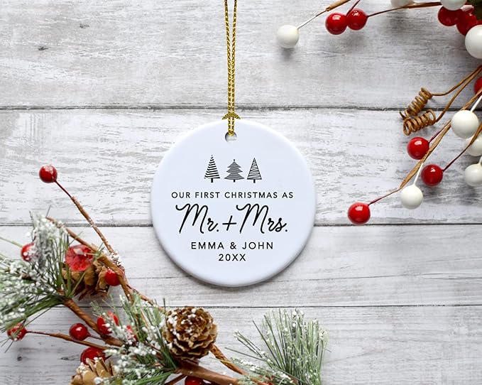 Andaz Press Personalized Our First Christmas As Mr. & Mrs. 2024 Christmas Ornaments Christmas Trees Design 2.8" Round Porcelain Ceramic 1st Year Married Custom Ornament Keepsake for Newlyweds 1-Pack