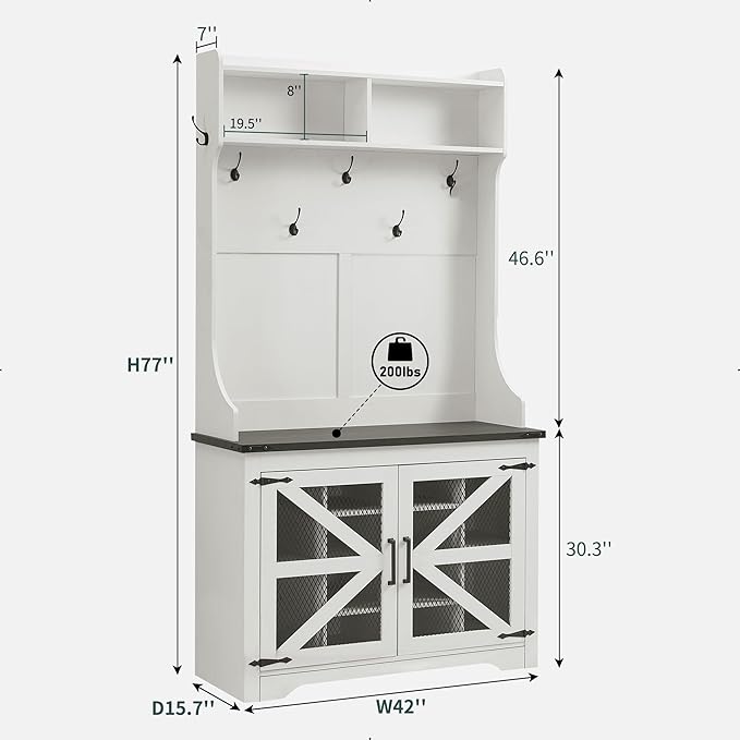 JXQTLINGMU 42" Farmhouse Hall Tree with Shoe Storage, Entryway Bench with 12 Cubbies, 7 Hooks & Barn Doors, Mudroom Coat Rack Cabinet, Off White