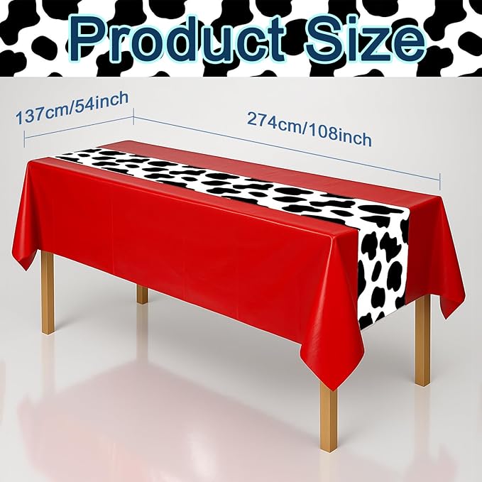 3 Pack 108 x 54 Inch Cow Print Tablecloth Cow Plastic Table Cover Birthday Party Table Cloth Disposable Plastic Farm Animal Party Cover for Disco Cowgirl Decorations Supplies Red