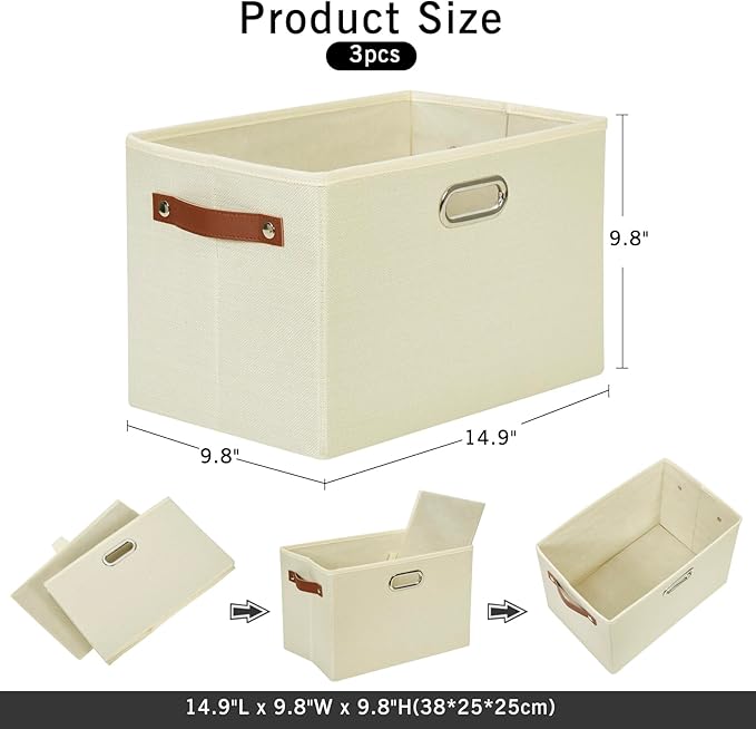 Large 3-Pack Foldable Fabric Storage Bins with Durable PU & Metal Handles , Collapsible Storage Baskets for Shelves, Home Storage, Closet Organizers, Living Room(14.9"x9.8"x9.8", Beige)