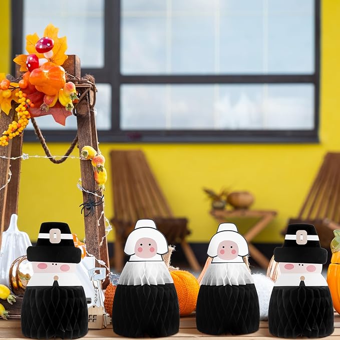 6 Pcs Fall Centerpiece Table Decorations Pilgrimage Couple Centerpiece Thanksgiving Table Decor 3D Paper Pilgrim Honeycomb Standing Decorations for Autumn Harvest Party Kitchen Home Decor