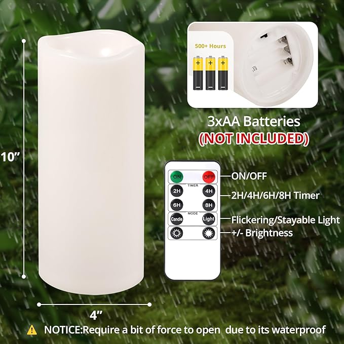 NURADA Large Outdoor Flameless Candles 10" x 4" - Waterproof LED Pillar Flickering Candle Battery Operated with Timer Remote Control for Patio Porch Lanterns Decor - Long Lasting Set of 2