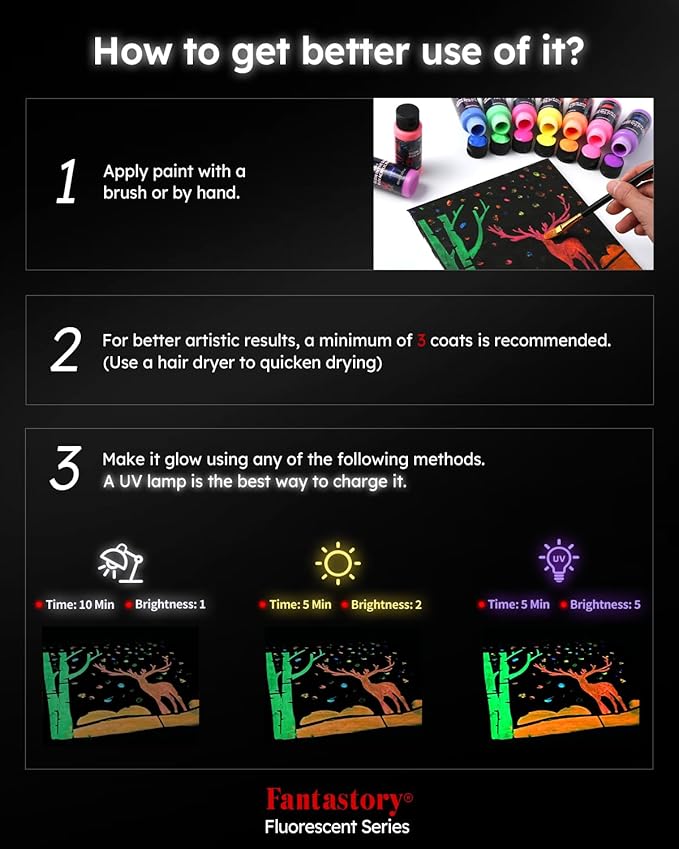 Fantastory Fluorescent Glow in the Dark Paint,60ml /2oz,Neon Colors Glow Acrylic Paints; Waterproof Blacklight Paint for Outdoor Rock,Wood,DIY Craft,Canva,Pumpkin,Halloween,Holiday Decor