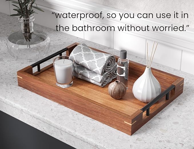 Acacia Wood Serving Tray with Metal Handles,15x10in Ottoman Decorative Trays Platter for Coffee Table,Living Room,Bar,Party(Medium)