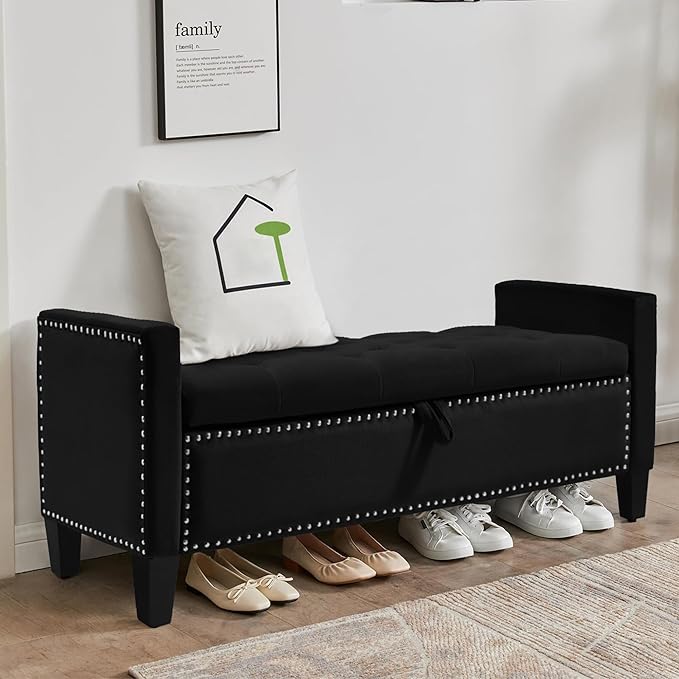 Storage Ottoman Bench, Velvet Upholstered Footstool for Bedroom and Living Room, Tufted Seat with Storage, Wooden Legs & Metal Rivets, Black