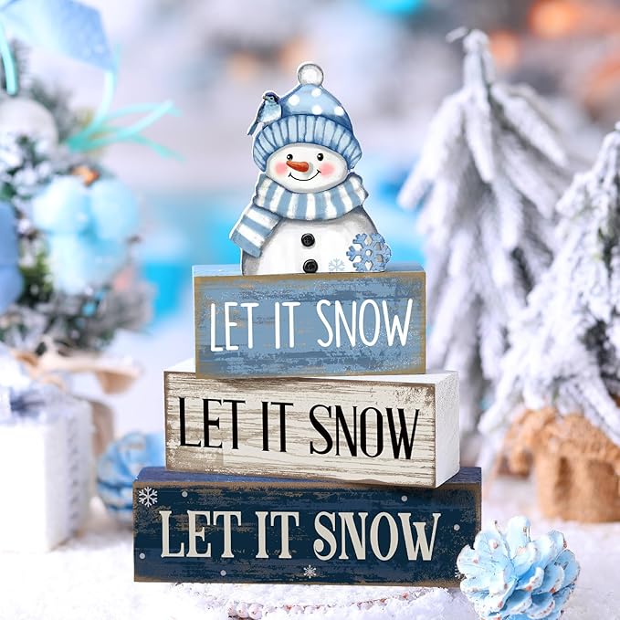 4 Pcs Christmas Wooden Tabletop Decor Snowman Blue Tiered Tray Decor Christmas Plaid Block Signs Centerpiece Farmhouse Winter Let It Snow Table Decoration for Home Kitchen Shelf
