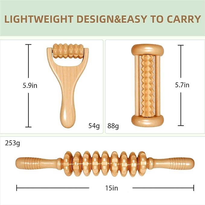 3Pcs Wooden Massage Tools，Lymphatic Drainage Massager ，Maderoterapia Kit for Deep Tissue，Muscle Pain Relief, Anti-Cellulite，Body Sculpting & Shaping，Foot Roller for Plantar Fasciitis