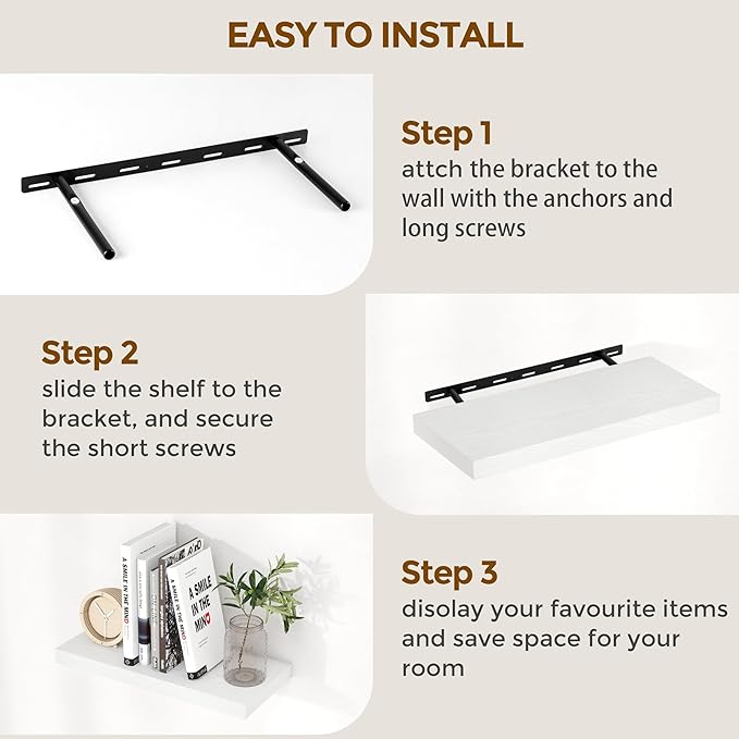 Fun Memories White Floating Shelves 32 Inch Long, 9 Inch Deep Floating Bookshelf Wall Mounted, Farmhouse Wood Shelves White for Bathroom, Living Room, Bedroom, Home Decor Deep Shelf for Wall Set of 2