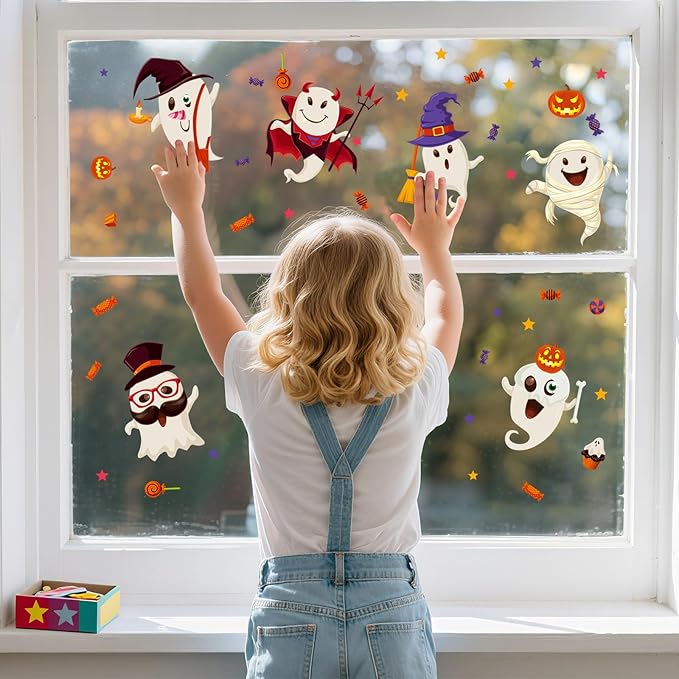 6 Sheet Halloween Stickers Clings Cute Ghost Decals Decor for Kids, Vintage Ghost Evil Pumpkin Reusable Window Stickers for Halloween Party Supplies Home Glass Decorations