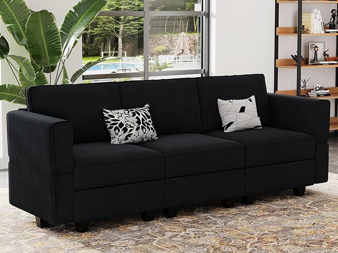 Belffin Modular Sofa Couch with Storage Seats Velvet 3 Seater Sofa for Living Room Black