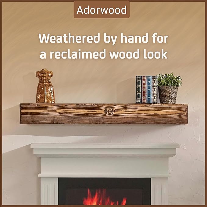 Handmade Fireplace Mantel Shelf 60", Extra Wide Rustic Wood Mantles for Over Fireplace, Wall Mounted Floating Mantel Shelves for Living Room Decor (Dark Rustic, 60Lx6Hx8D inches)