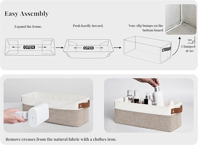 StorageWorks Narrow Storage Bins, Small Baskets for Organizing, Long Storage Basket with Handles, Fabric Storage Bins for Shelf, Brown and White, 2-Pack