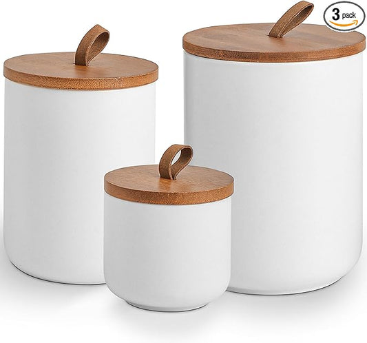 White Ceramic Canister Set with Bamboo Lids, 3-Piece Airtight Food Storage Jars for Kitchen - Flour, Sugar, Coffee, Tea, Spice - Small, Medium, Large Sizes