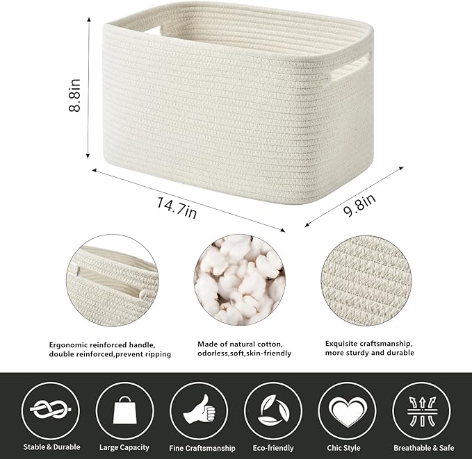 Storage Basket - Woven Cotton Rope Baskets for Organizing, Decorating Shelves, Books, Towels, Toys - 3 Pack - White