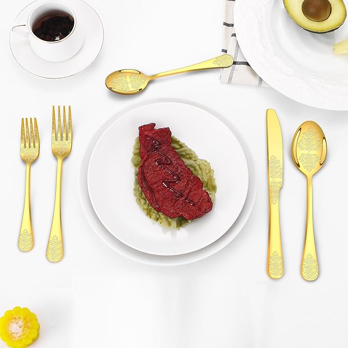 20 Pcs Gold Silverware Set for 4 with Classical Flower Embossed Design, Food Grade Stainless Steel Flatware Set, Eating Utensils Sets Include Fork/Knife/Spoon, Cutlery Set, Dishwasher Safe