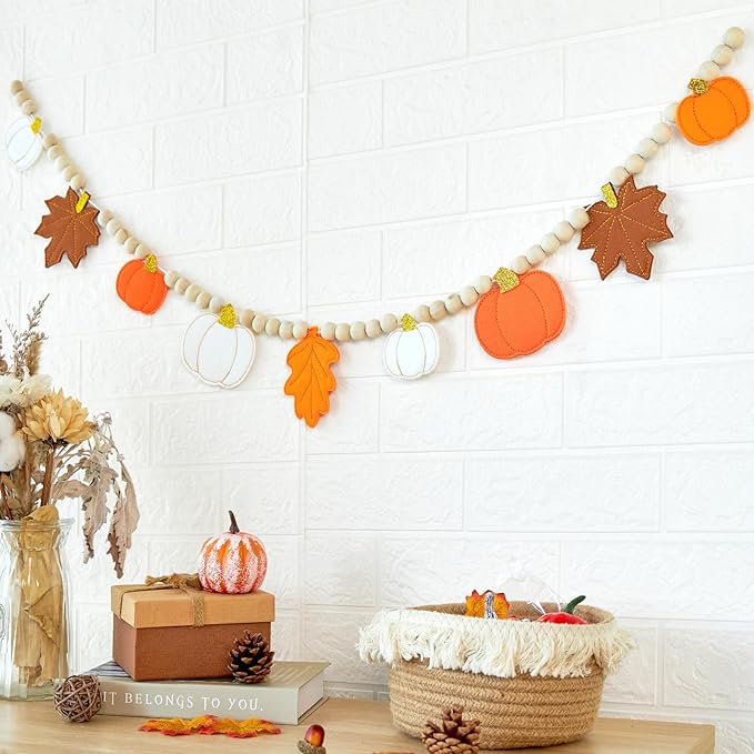 Fall Decorations for Home, Felt Pumpkin Leaves Garland and Wood Bead for Mantel, Thanksgving Decorations Indoor, Pumpkin Banner