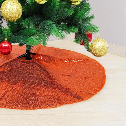 Partisout 24 Inch Sequin Tree Skirt Christmas Skirts for Xmas Hawaii Rustic Cartoon Elegant Halloween Trees (Orange)