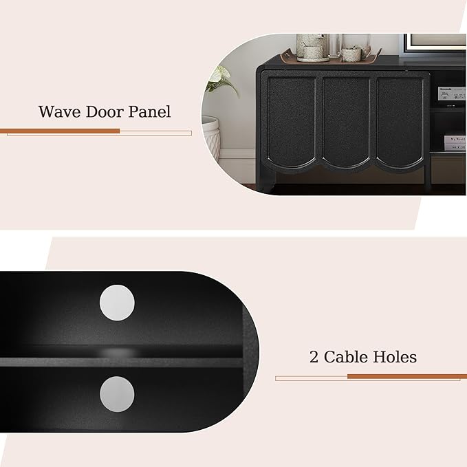 ORRD 63'' TV Stand, Modern TV Console Table Wave Panel Television Stands Entertainment Media Center with Storage Compartment and Sliding Door for Living Room (Black)