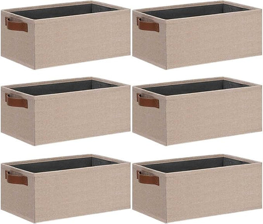 GhvyenntteS Small Fabric Storage Bins 6 Pack, 11.8" x 7.87" x 5.11" Storage Basket with Leather Handles, Closet Storage Bins for Shelves, Storage Baskets for Shelves, DVD Storage (Beige Yellow)