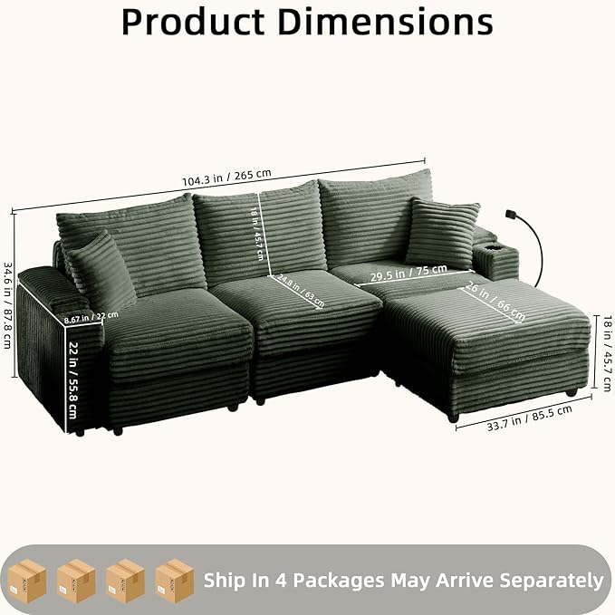Modular Sectional Sofa Couch, Plush Corduroy Fabric Sectional Couches for Living Room with USB Charging Ports, Phone Holders, and Multi-Functional Storage Armrests (Green, 3set+1ottoman)