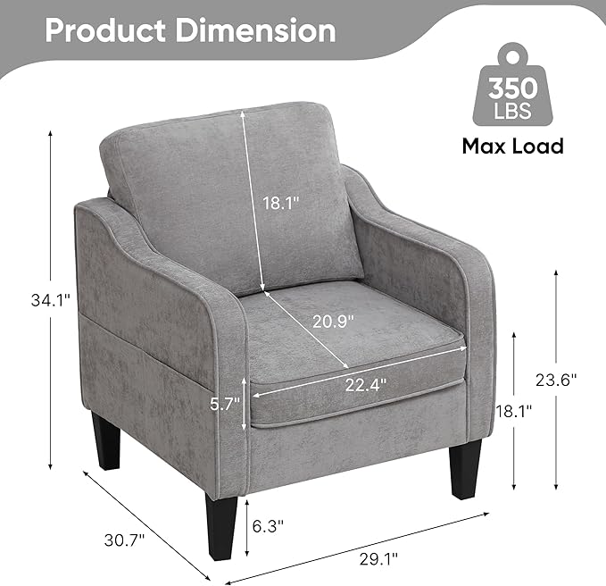 Accent Chair for Living Room, Mid Century Modern Reading Chair for Bedroom, Upholstered Armchair with Side Pockets, Comfy Single Sofa Side Chair for Office, Apartment, Small Room, Light Grey