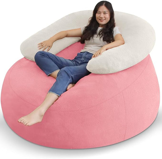 HABUTWAY Bean Bag Chair with U-Shaped Pillow - Faux Fur Fabric (Beige-Light Pink)