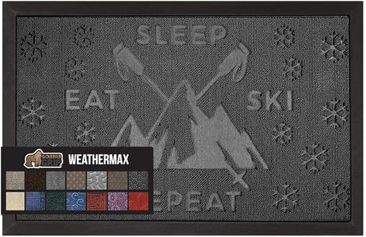 GORILLA GRIP 100% Waterproof All-Season WeatherMax Doormat 35x23, US Designed Natural Rubber, Stain and Fade Resistant, Low Profile Indoor Outdoor Door Mats, Easy Clean Patio Mat, Graphite Skiing