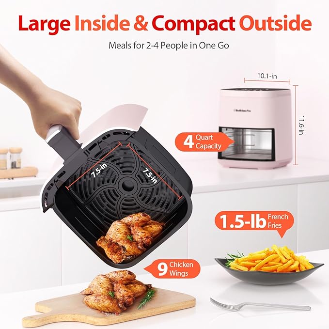 Air Fryer, Beelicious 8-in-1 Smart Compact 4QT Air Fryers, Shake Reminder,450°F Digital Airfryer with Flavor-Lock Tech, Tempered Glass Display, Dishwasher-Safe & Nonstick, Fit for 1-3 People, Pink