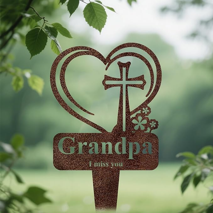 Grandpa Memorial Grave Stake, Cemetery Decorations for Grave Markers 12.5 x 7.2 inch Heart Metal Sympathy Stakes Graveside Plaque Decor Sign for Grandpa Graves, Yard, Garden - Rust-Grandpa