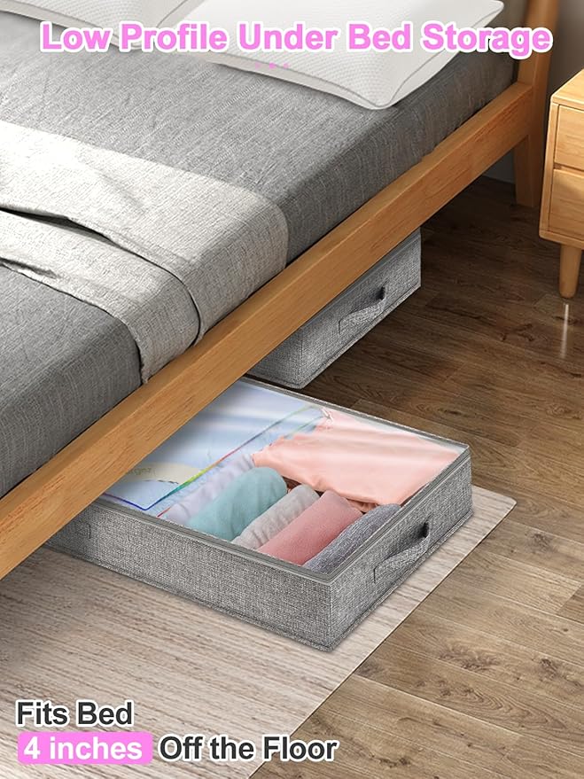 punemi Under Bed Storage Containers, Below 4 Inches Tall Low Profile Underbed Storage, NO STRUCTURE, Soft Foldable Underbed Cloth Storage Bags, Zipper Blanket Storage Container, 2Pack, 20x40x3.7in