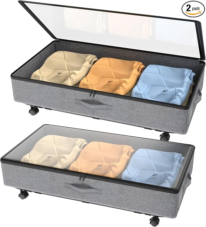 IUI Under Bed Storage with Wheels, 50L Capacity Under Bed Storage Containers, Under Bed Clothes Storage Containers with Clear Lid, Under Bed Storage Bins for Clothes,Shoes,Books,Toys,Gray,2 Pack