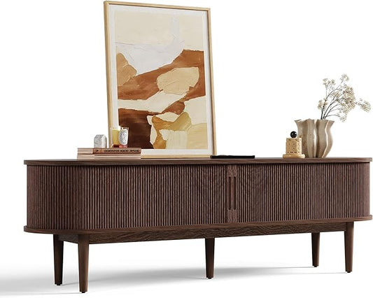 LINSY HOME Fluted TV Stand for 75" TV, Mid-Century Modern 70" Entertainment Center with Sliding Tambour Door and Storage Cabinet, Cruved TV Media Console Table for Living Room, Bedroom, Walnut