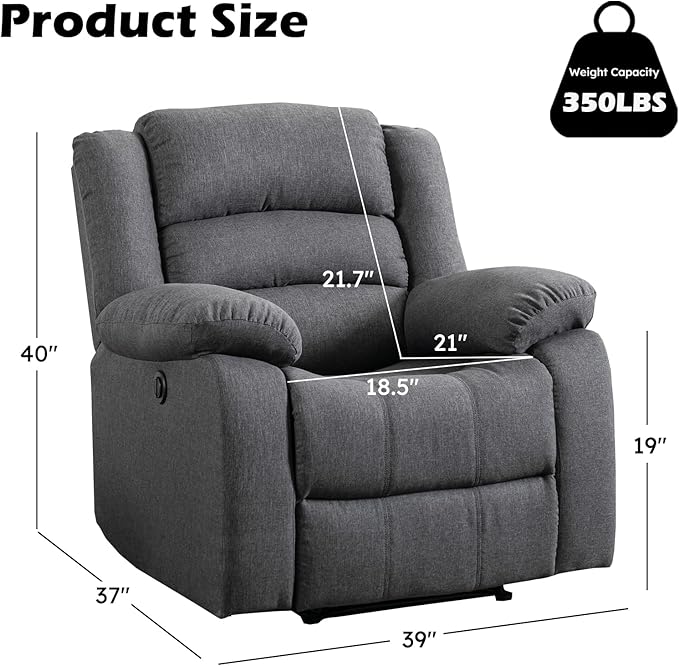 EBELLO Classic Power Recliner Chair, Oversized Electric Reclining Chair with Overstuffed Cushion and Back, Soft Fabric Adults Single Recliner Sofa for Living Room, Set of 2 Grey