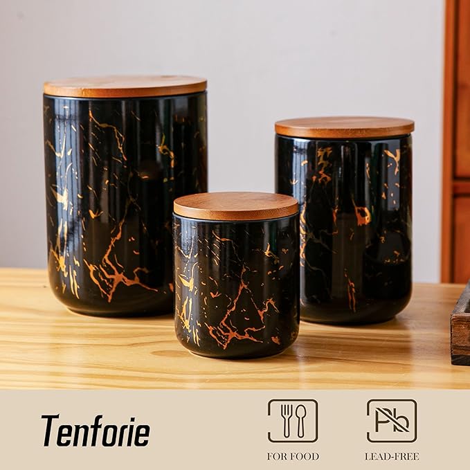 Ceramic Canister Set with Bamboo Airtight Lids, 3-Piece Kitchen Storage Jars (48oz, 30oz, 12oz) – Black with Gold Marble Pattern, Glossy Finish, for Coffee, Sugar, Flour & More