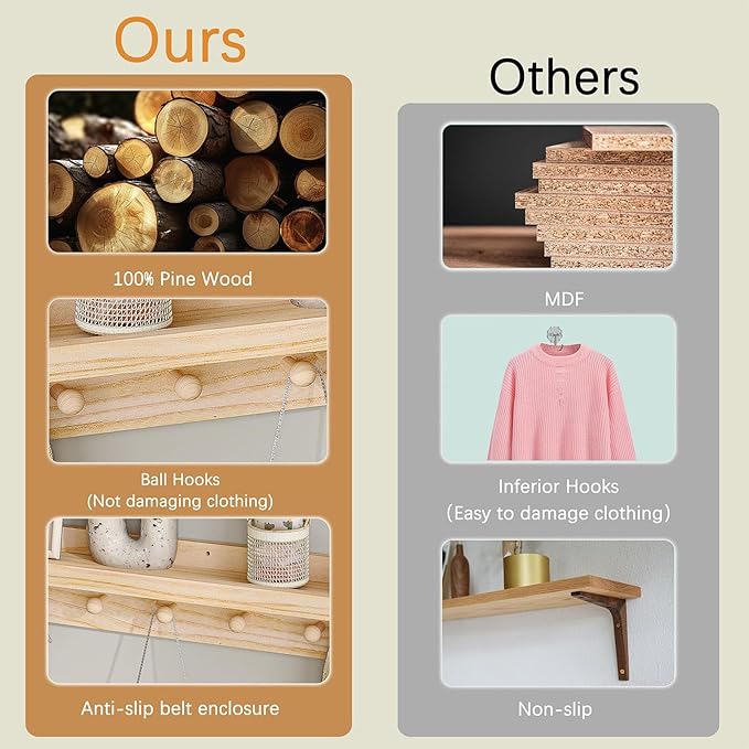 MBYD Wood Wall Shelf With Hooks Floating Shelves for Wall Bathroom Shelves Wall Mounted Nursery Floating Bookshelf for Kids Room Toy Storage Shelf for Bedroom Picture Frames Kitchen (Natural, 36 Inch)