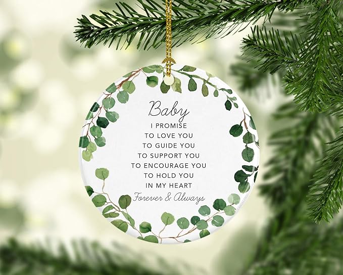 Andaz Press Round Ceramic Porcelain Christmas Tree Ornament Gift, Baby I Promise to Love You, Farmhouse Eucalyptus Wreath, 1-PackGirl's Grandchild Niece Birthday Ideas
