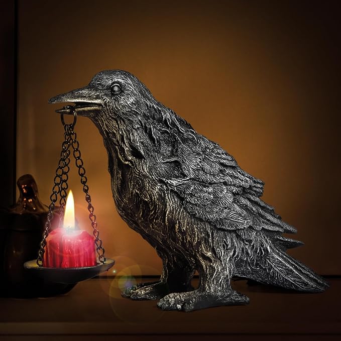 Gothic Home Decor Fake Crow Light Holder Raven Lamp Tealight Candle Holder Resin Statue Half Silver