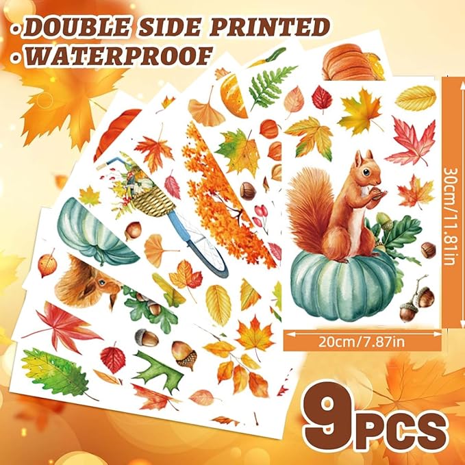 Fall Window Clings 9 Sheets Large-Size Window Clings for Glass Windo Decoration Autumn Leaves Animals Woodland Home Bedroom Nursery Room Windo Decals