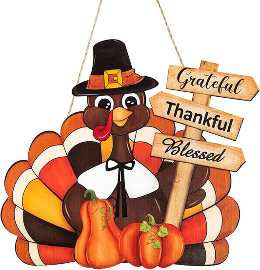 Thanksgiving Decoration Wooden Turkey Pumpkin Door Wreath for Front Door Sign Wall Signs, Thankful Blessed Grateful Pumpkin Sign Hanging for Fall Autumn Harvest Home Halloween Decoration
