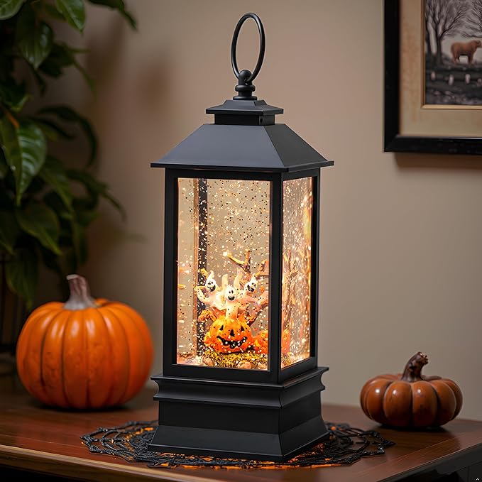 Halloween Snow Globe Lantern Water Glittering Spooky Ghosts in Pumpkins with Music, USB Lined/Battery Operated Lighted Lantern for Halloween Festival Decoration Gifts