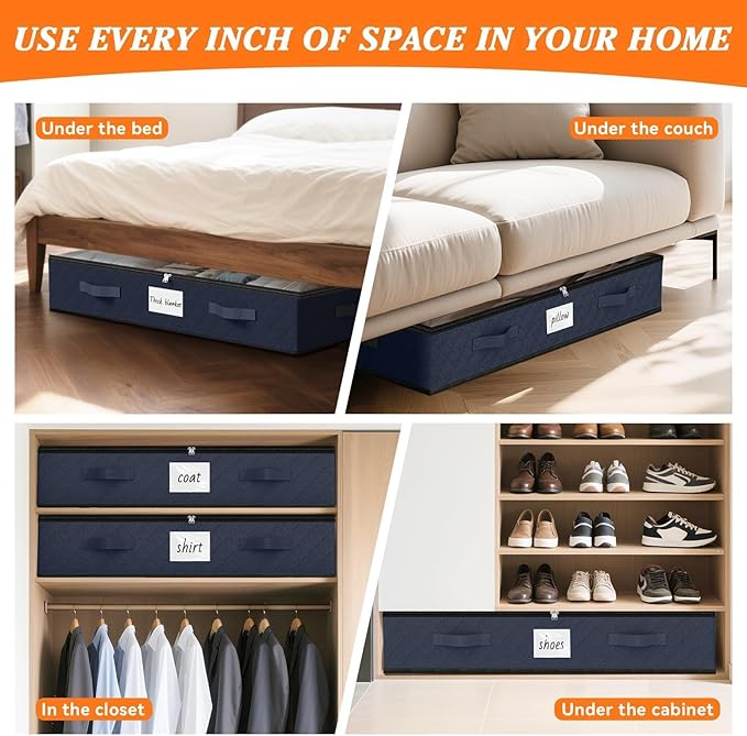 SpaceWhisper 90L Under Bed Storage Containers, 2-Pack Storage Bins with Clear Top, Foldable Closet Organizers and Storage with Label Holder for Clothing, Blankets, Comforter & Pillows(Blue)