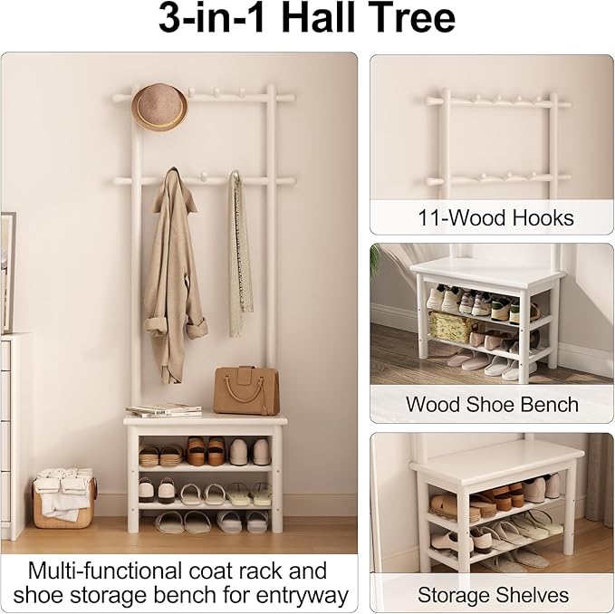 Coat Rack with Shoe Storage, Narrow Wooden Hall Tree with Bench, 11 Hooks and 2-Tier Storage Shelves, 3-in-1, Entryway Bench with Coat Rack (23.6"-Deep White)