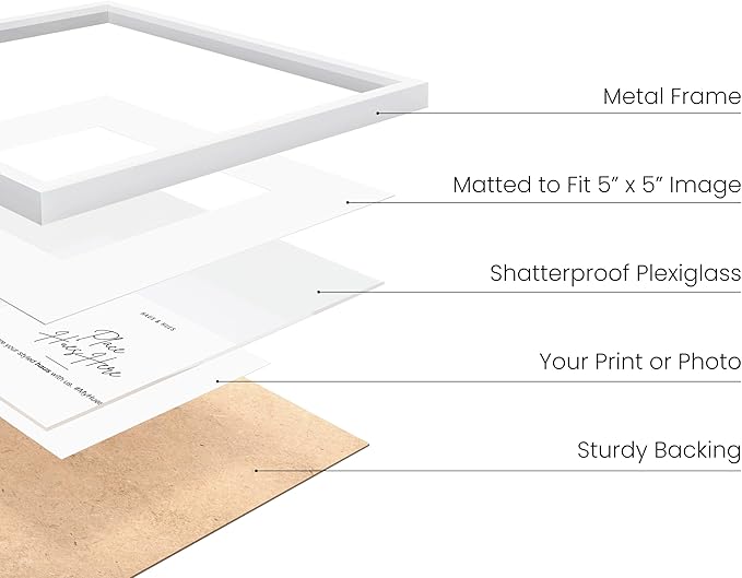 HAUS AND HUES 10x10 White Metal Picture Frames Matted to 5x5 - Features Premium Aluminum & Hanging Hardware, Shatterproof Plexiglass - Ideal for Home, Room, Office (10x10 in, White, Set of 6)